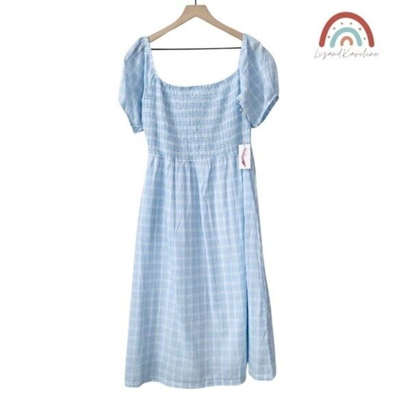 New! Jessica Simpson Gingham Smock Square Neck Pockets Prairie Midi Dress - Picture 1 of 8